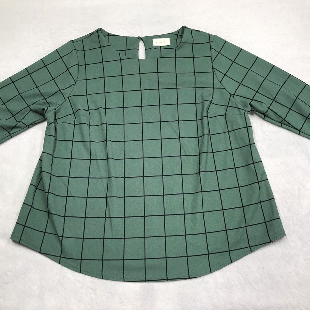 MELLODAY Nordstrom Top Women XL Hunter Green Window Pane Check Keyhole Stretch